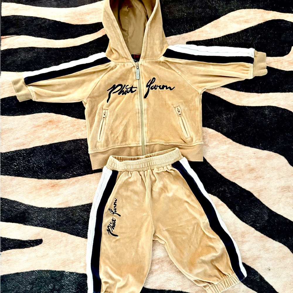 Phat Farm Beige Velour Tracksuit with Black and White Accents